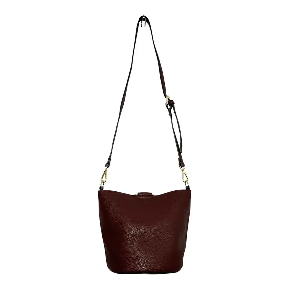 Katie Loxton London Burgundy Pebbled Bucket Crossbody Shoulder Bag Gold Ring